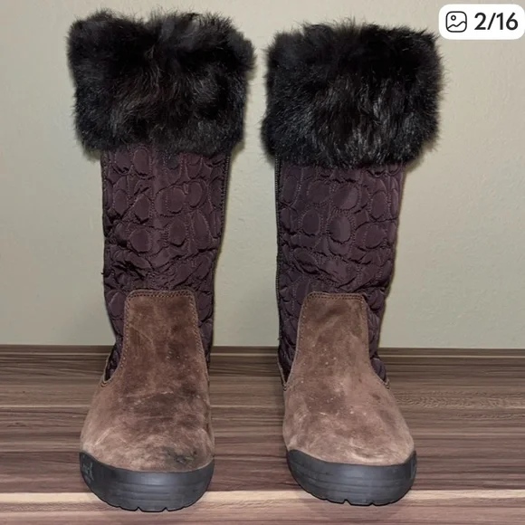 Coach Talen Brown monogram, rabbit Black Fur-Trimmed Boots - Picture 2 of 12